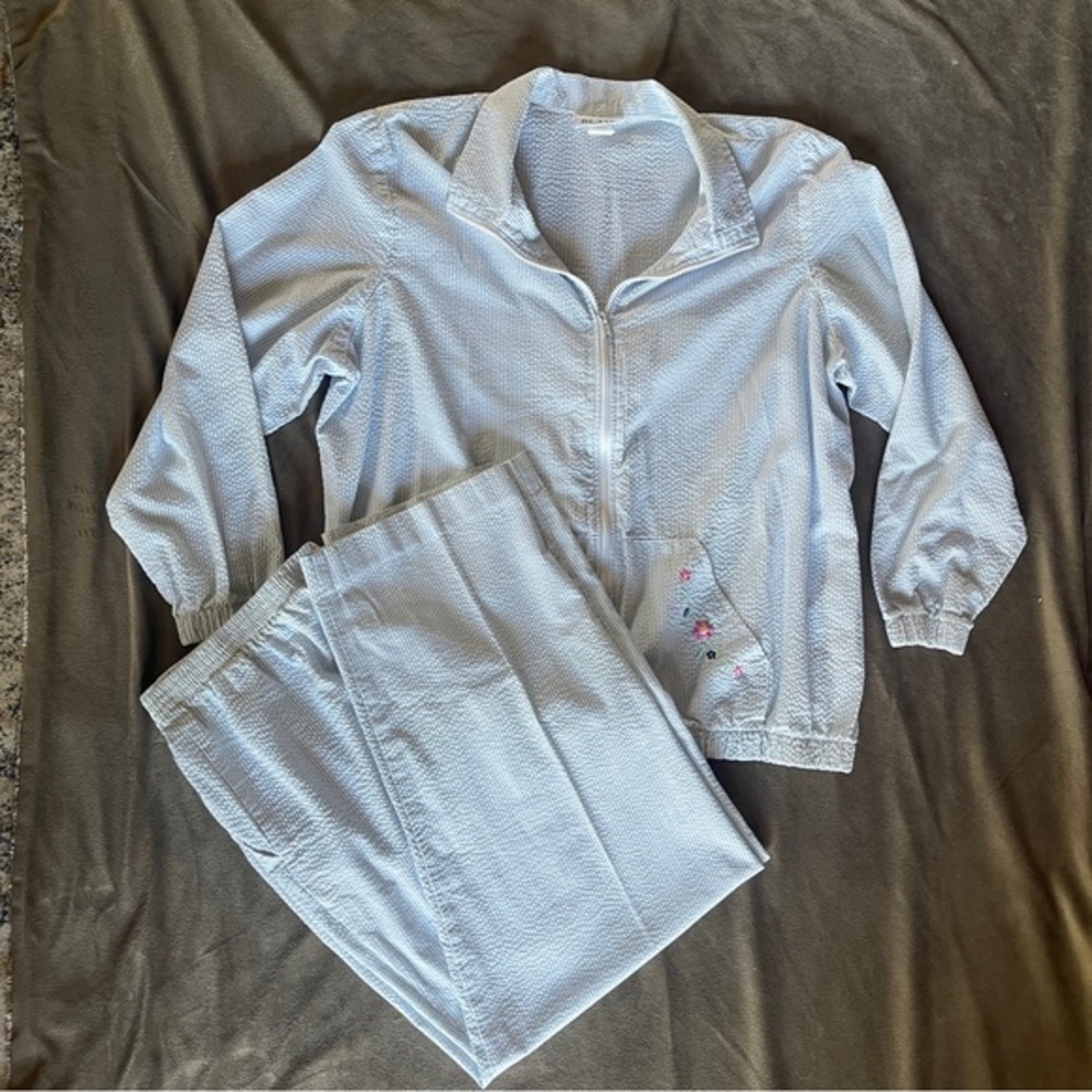 Blair Womens Pajama 2 Piece XLGPT Blue Striped Embroider Floral